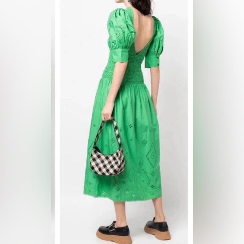 NWT GANNI Smocked Eyelet Puff Sleeve Midi Dress Sz 8 Kelly Green Organic Cotton